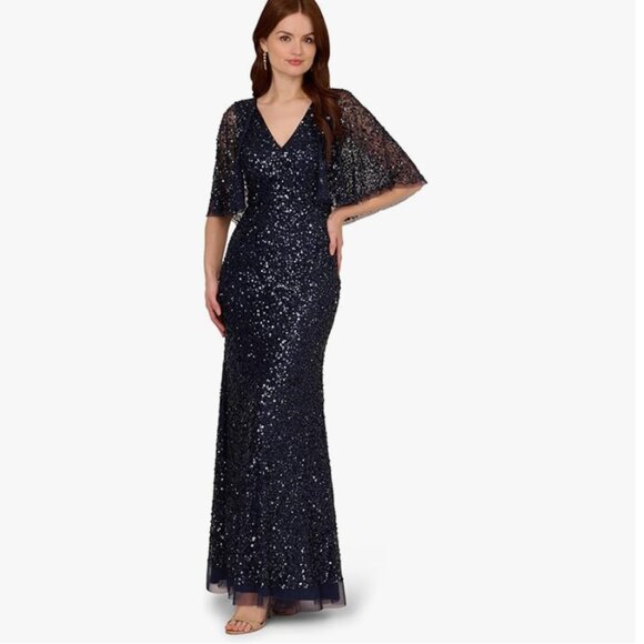 Adrianna Papell Women's Bead Mesh Cape Long Dress (Light Navy, 14) - Picture 1 of 4